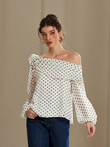 Rosie French Elegant Slopped Shoulder Chiffon Floral Decor Polka Dot Long Sleeve Shirt