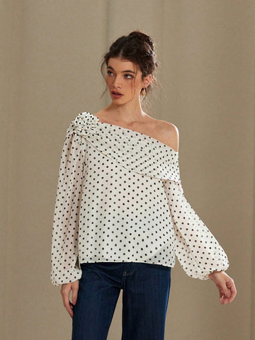 Rosie French Elegant Slopped Shoulder Chiffon Floral Decor Polka Dot Long Sleeve Shirt