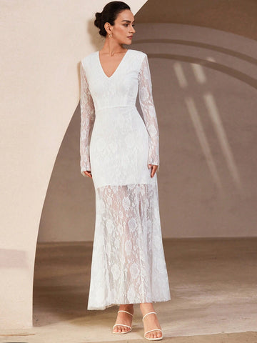 Aveloria Rosie French Romantic Elegant V-Neck A-Line Flare Long Sleeve Women's Cinched Waist Floor Length Lace Dress