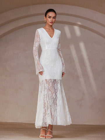 Aveloria Rosie French Romantic Elegant V-Neck A-Line Flare Long Sleeve Women's Cinched Waist Floor Length Lace Dress