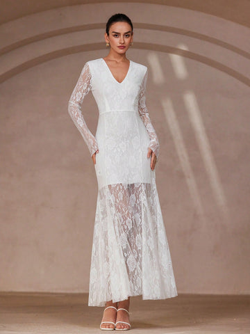 Aveloria Rosie French Romantic Elegant V-Neck A-Line Flare Long Sleeve Women's Cinched Waist Floor Length Lace Dress