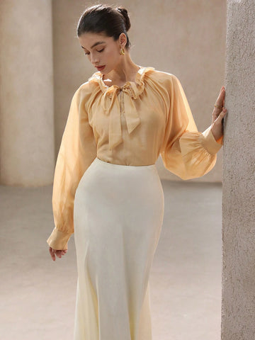 Aveloria Rosie French Romantic Satin Collar Double Layer Ruffle Trim Tie Neck Long Sleeve Midi Blouse Top, Women Spring Outwear