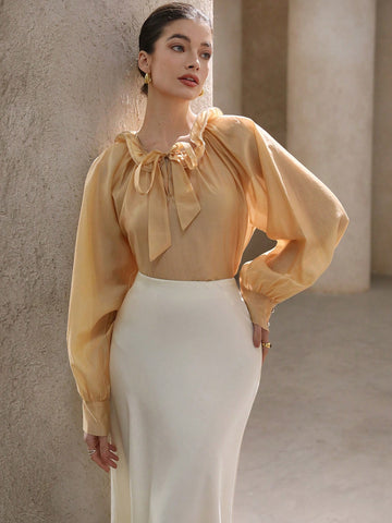 Aveloria Rosie French Romantic Satin Collar Double Layer Ruffle Trim Tie Neck Long Sleeve Midi Blouse Top, Women Spring Outwear