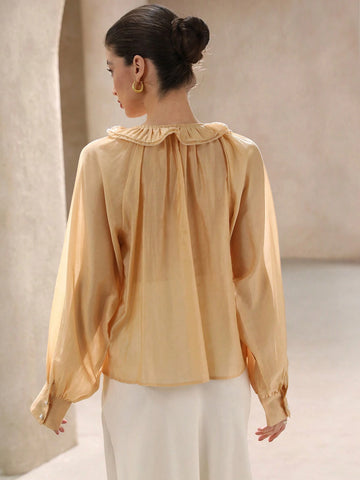 Aveloria Rosie French Romantic Satin Collar Double Layer Ruffle Trim Tie Neck Long Sleeve Midi Blouse Top, Women Spring Outwear