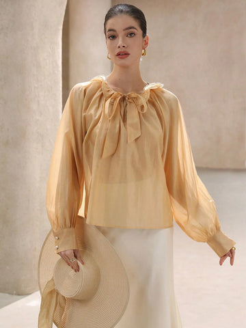 Aveloria Rosie French Romantic Satin Collar Double Layer Ruffle Trim Tie Neck Long Sleeve Midi Blouse Top, Women Spring Outwear