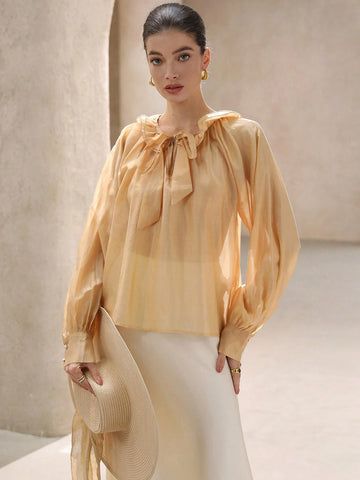 Aveloria Rosie French Romantic Satin Collar Double Layer Ruffle Trim Tie Neck Long Sleeve Midi Blouse Top, Women Spring Outwear