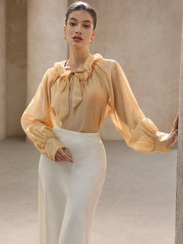 Aveloria Rosie French Romantic Satin Collar Double Layer Ruffle Trim Tie Neck Long Sleeve Midi Blouse Top, Women Spring Outwear