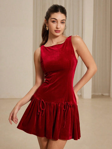 Aveloria Rosie French Romantic Sweet Girl Lightweight Velvet Camisole Dress With Flounced Hem & 3D Bow Decoration, Ladies Short Mini Dress