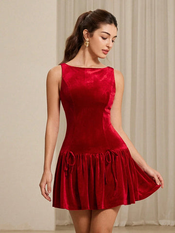 Aveloria Rosie French Romantic Sweet Girl Lightweight Velvet Camisole Dress With Flounced Hem & 3D Bow Decoration, Ladies Short Mini Dress