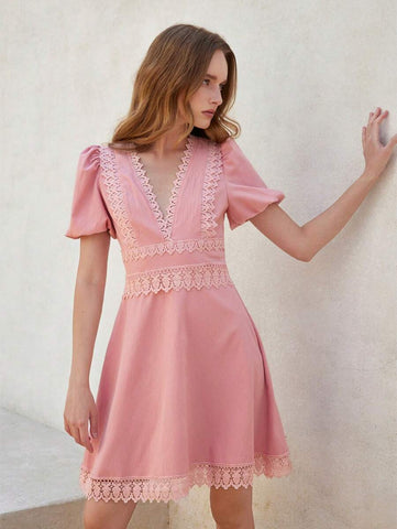 Aveloria Rosie French Style Floral Lace Hollow Waist-Cinched Short Sleeve Mini Summer Dress
