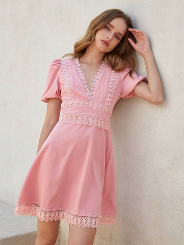 Aveloria Rosie French Style Floral Lace Hollow Waist-Cinched Short Sleeve Mini Summer Dress