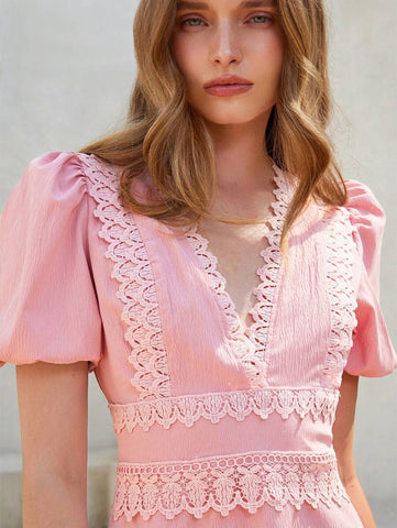 Aveloria Rosie French Style Floral Lace Hollow Waist-Cinched Short Sleeve Mini Summer Dress