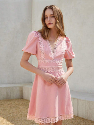 Aveloria Rosie French Style Floral Lace Hollow Waist-Cinched Short Sleeve Mini Summer Dress