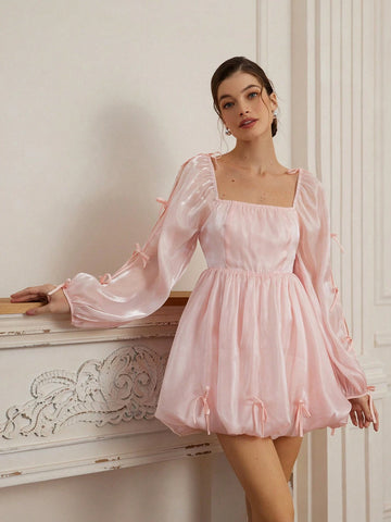 Retro Casual Women Bubble Checkered Mini Dress, Blue