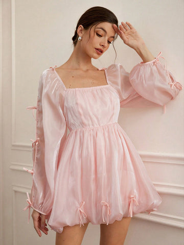 Retro Casual Women Bubble Checkered Mini Dress, Blue