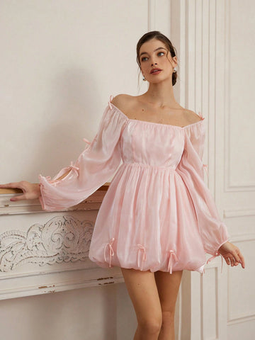 Retro Casual Women Bubble Checkered Mini Dress, Blue