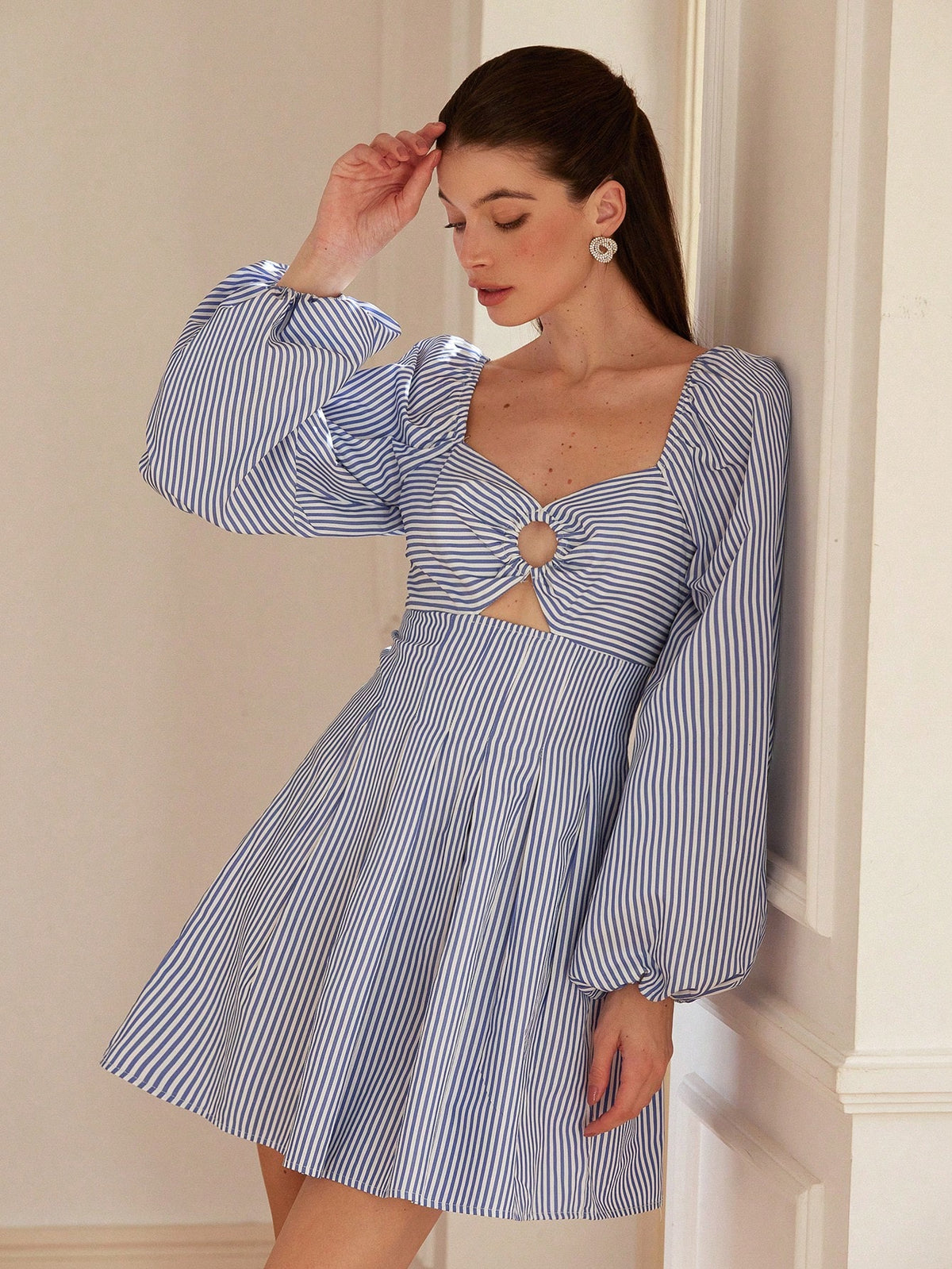 Aveloria Rosie French Vacation Style Classic Striped Knot Chest Cutout Waist Cinched Split Hem Mini Dress, Spring, Valentine's Day