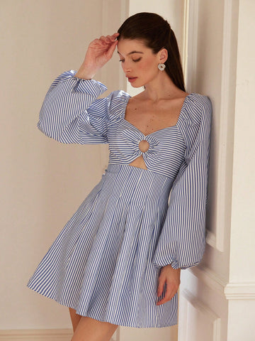 Aveloria Rosie French Vacation Style Classic Striped Knot Chest Cutout Waist Cinched Split Hem Mini Dress, Spring, Valentine's Day