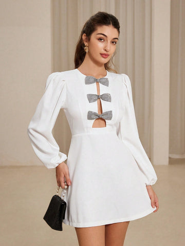 Aveloria Rosie Glamorous Sequin Bowknot Hollow Round Neck Puff Sleeve Short Bodycon Dress