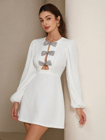 Aveloria Rosie Glamorous Sequin Bowknot Hollow Round Neck Puff Sleeve Short Bodycon Dress