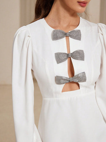 Aveloria Rosie Glamorous Sequin Bowknot Hollow Round Neck Puff Sleeve Short Bodycon Dress