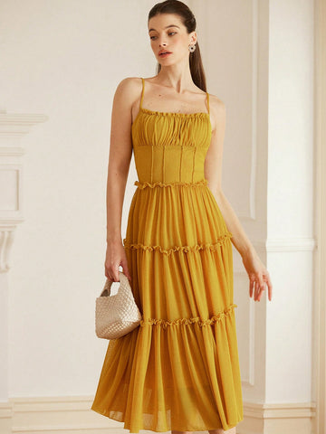 Aveloria Rosie Italian Romantic Style Ruffle Edge Camisole Bodycon Waist Ruffle Hem Maxi Fitted Knit Dress For Women