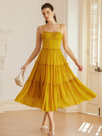 Aveloria Rosie Italian Romantic Style Ruffle Edge Camisole Bodycon Waist Ruffle Hem Maxi Fitted Knit Dress For Women