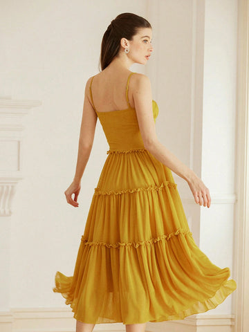 Aveloria Rosie Italian Romantic Style Ruffle Edge Camisole Bodycon Waist Ruffle Hem Maxi Fitted Knit Dress For Women