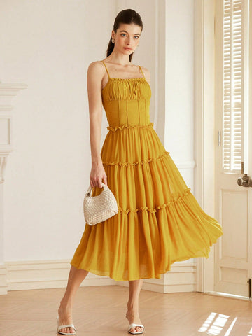 Aveloria Rosie Italian Romantic Style Ruffle Edge Camisole Bodycon Waist Ruffle Hem Maxi Fitted Knit Dress For Women