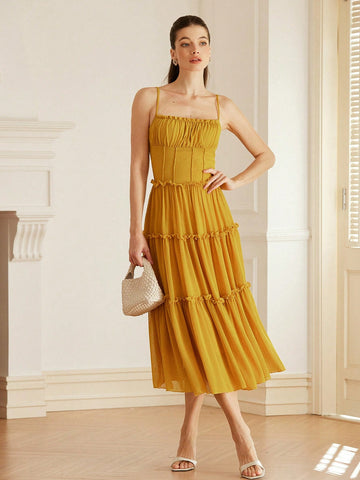 Aveloria Rosie Italian Romantic Style Ruffle Edge Camisole Bodycon Waist Ruffle Hem Maxi Fitted Knit Dress For Women