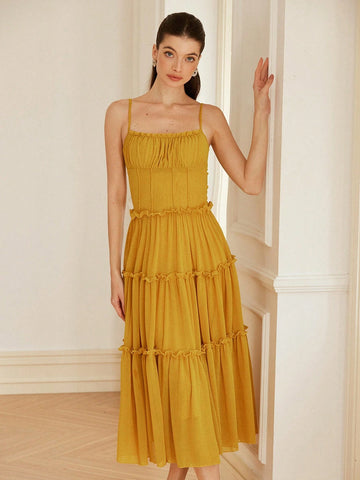 Aveloria Rosie Italian Romantic Style Ruffle Edge Camisole Bodycon Waist Ruffle Hem Maxi Fitted Knit Dress For Women