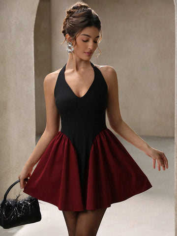 Aveloria Rosie Italian Style Romantic Strapless Crop Knit Contrast Color Block Ruffle Hem Mini Dress, Valentine's Day, Spring/Summer