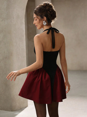 Aveloria Rosie Italian Style Romantic Strapless Crop Knit Contrast Color Block Ruffle Hem Mini Dress, Valentine's Day, Spring/Summer