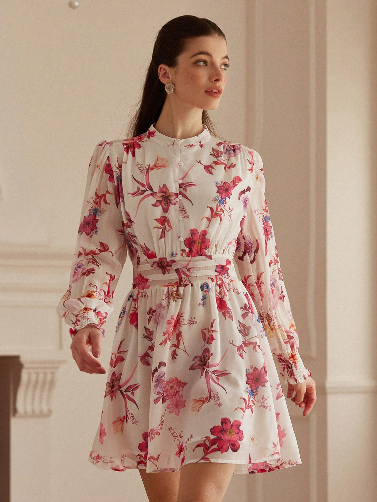 Aveloria Rosie New Gentle Stand Collar Pleated Waist A-Line Slimming Puff Sleeve Floral Print Button Front Mini Dress For Women