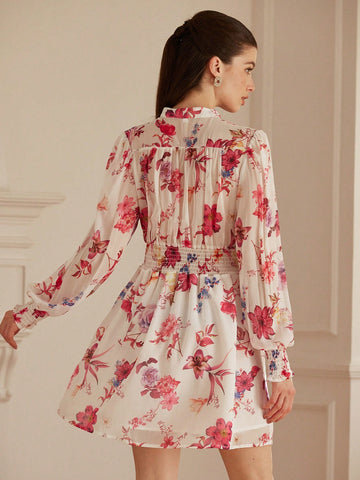 Aveloria Rosie New Gentle Stand Collar Pleated Waist A-Line Slimming Puff Sleeve Floral Print Button Front Mini Dress For Women