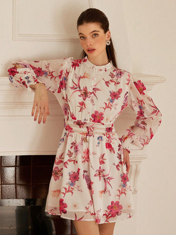 Aveloria Rosie New Gentle Stand Collar Pleated Waist A-Line Slimming Puff Sleeve Floral Print Button Front Mini Dress For Women