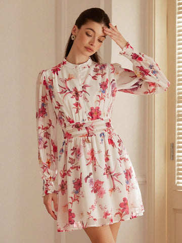 Aveloria Rosie New Gentle Stand Collar Pleated Waist A-Line Slimming Puff Sleeve Floral Print Button Front Mini Dress For Women