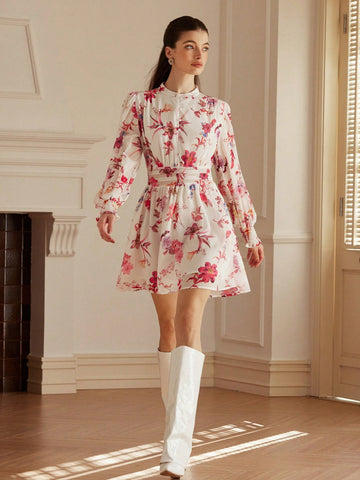 Aveloria Rosie New Gentle Stand Collar Pleated Waist A-Line Slimming Puff Sleeve Floral Print Button Front Mini Dress For Women