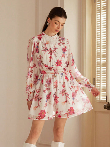 Aveloria Rosie New Gentle Stand Collar Pleated Waist A-Line Slimming Puff Sleeve Floral Print Button Front Mini Dress For Women