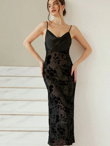 Aveloria Rosie Plunging Neckline Glossy Satin Bodice Floral Jacquard Hem Curve Waist High Waist Maxi Slip Dress For Women, Spring