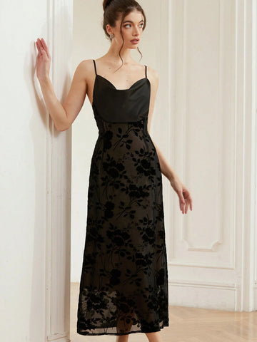 Aveloria Rosie Plunging Neckline Glossy Satin Bodice Floral Jacquard Hem Curve Waist High Waist Maxi Slip Dress For Women, Spring