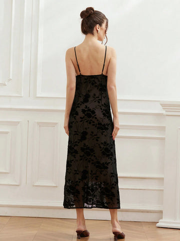 Aveloria Rosie Plunging Neckline Glossy Satin Bodice Floral Jacquard Hem Curve Waist High Waist Maxi Slip Dress For Women, Spring