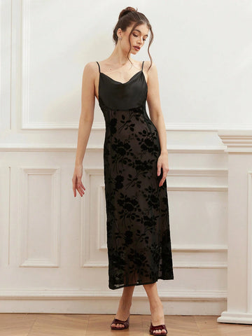 Aveloria Rosie Plunging Neckline Glossy Satin Bodice Floral Jacquard Hem Curve Waist High Waist Maxi Slip Dress For Women, Spring