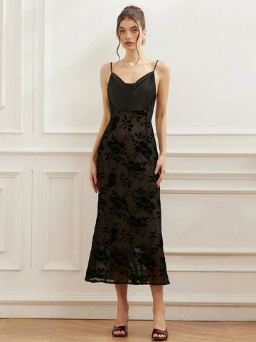 Aveloria Rosie Plunging Neckline Glossy Satin Bodice Floral Jacquard Hem Curve Waist High Waist Maxi Slip Dress For Women, Spring