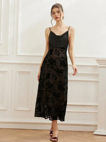 Aveloria Rosie Plunging Neckline Glossy Satin Bodice Floral Jacquard Hem Curve Waist High Waist Maxi Slip Dress For Women, Spring