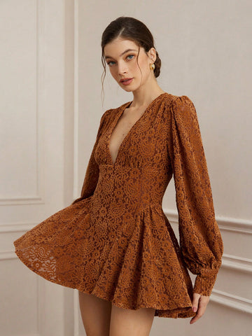 Aveloria Rosie Romantic Floral Embossed Elegant V-Neck Cinched-Waist Double-Tier Lantern Sleeve Short Women's Spring Dress