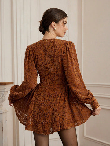 Aveloria Rosie Romantic Floral Embossed Elegant V-Neck Cinched-Waist Double-Tier Lantern Sleeve Short Women's Spring Dress