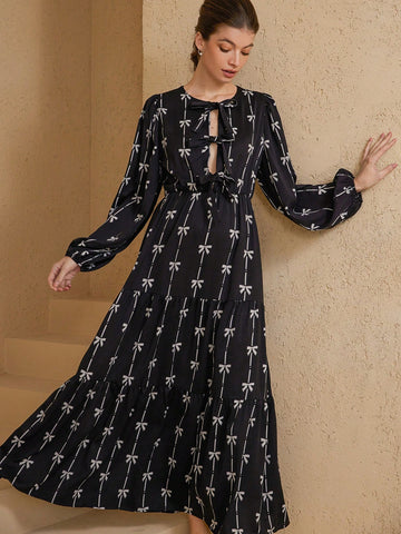 Aveloria Rosie Romantic Italian Style Two-Tone Bow Tie Print Tie Front Hollow Out Round Neck Lantern Sleeve Dress For Women, Spring