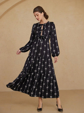 Aveloria Rosie Romantic Italian Style Two-Tone Bow Tie Print Tie Front Hollow Out Round Neck Lantern Sleeve Dress For Women, Spring