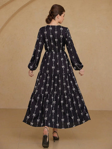 Aveloria Rosie Romantic Italian Style Two-Tone Bow Tie Print Tie Front Hollow Out Round Neck Lantern Sleeve Dress For Women, Spring